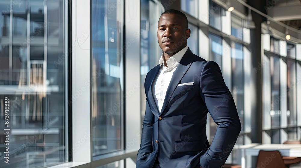 Stylized Portrait of a Confident African American Businessman in a Modern Office Setting Stylized Portrait of a Confident African American Businessman in a Modern Office Setting