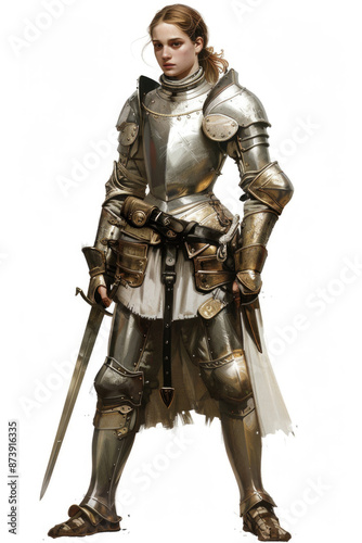 Young medieval lady knight in shining armor, poised against a white background © Artemiy