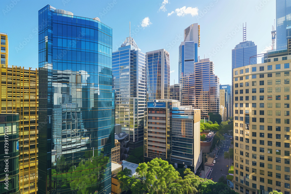 Obraz premium Drone View of City Office Buildings Beneath Blue Skies and White Clouds