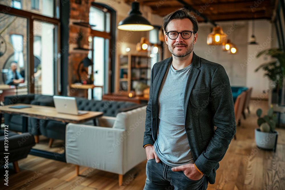 Fototapeta premium A confident businessman in a stylish office setting, wearing a casual blazer and glasses. The space is modern with exposed brick and contemporary furniture, ideal for corporate and lifestyle imagery.