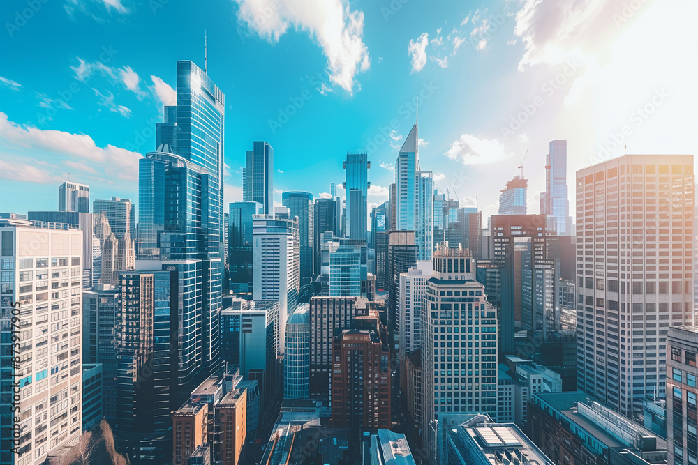Drone View of City Office Buildings Beneath Blue Skies and White Clouds Drone View of City Office Buildings Beneath Blue Skies and White Clouds