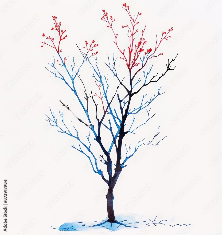 Fototapeta premium illustration of a sapling red blue tree with no leaves, there are no leaves in the image, on a white background