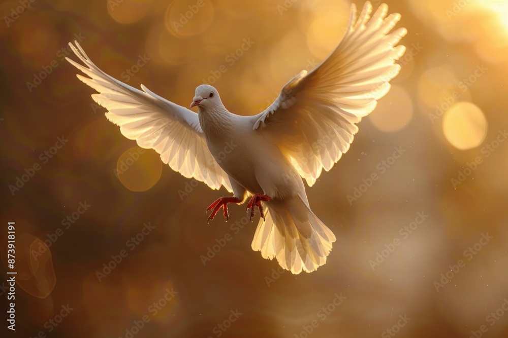 Beautiful white dove spreads its wings, soaring gracefully amidst a warm, golden backdrop Beautiful white dove spreads its wings, soaring gracefully amidst a warm, golden backdrop
