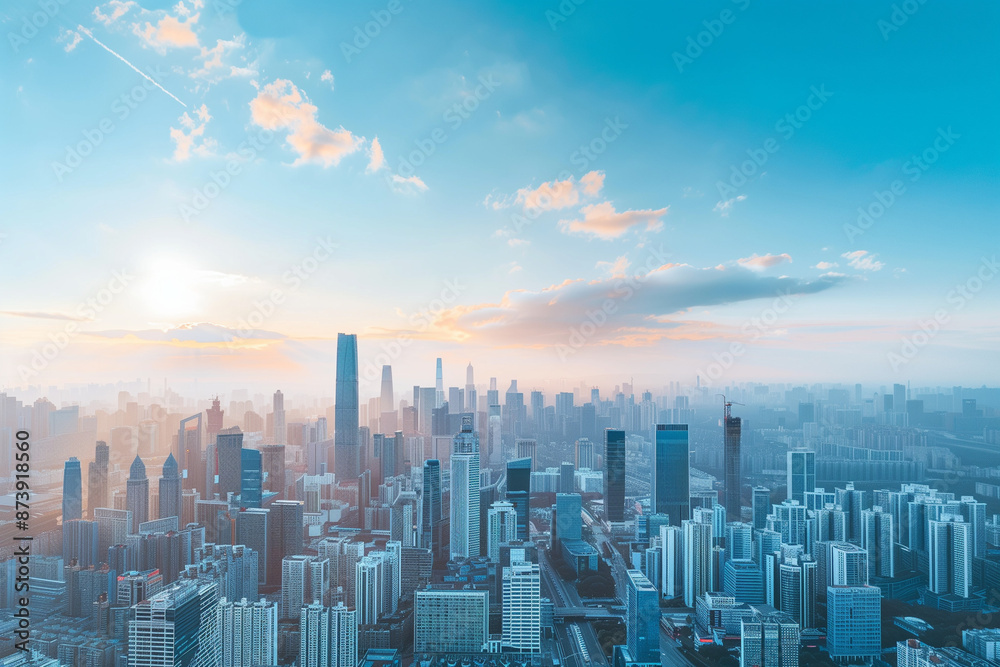 Obraz premium Drone View of City Office Buildings Beneath Blue Skies and White Clouds
