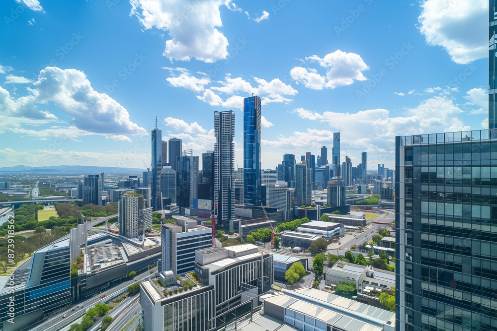 Obraz premium Drone View of City Office Buildings Beneath Blue Skies and White Clouds