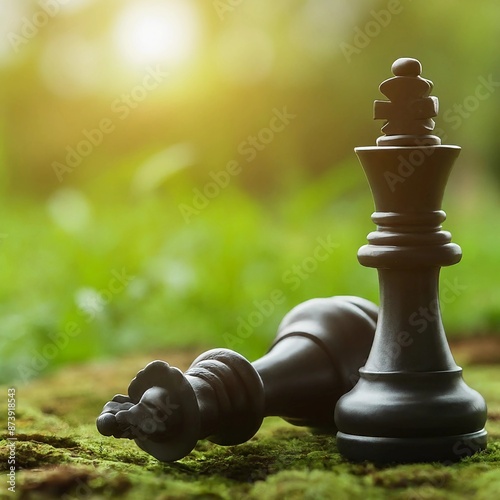 Chess-themed meadow background with space for text that can be used for greetings on World Chess Day and chess announcements with blur natural background. photo