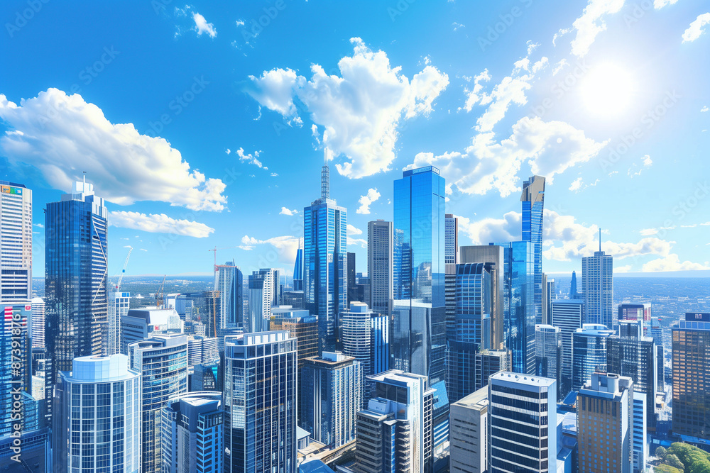 Drone View of City Office Buildings Beneath Blue Skies and White Clouds Drone View of City Office Buildings Beneath Blue Skies and White Clouds