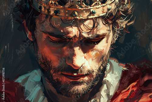 A handsome and sad king with a beard wearing a crown