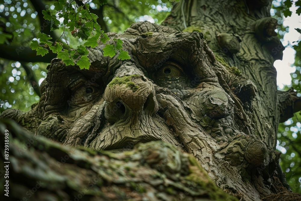 Obraz premium Artistic wooden face carved into a tree trunk amidst lush leaves captures the magic of forest lore