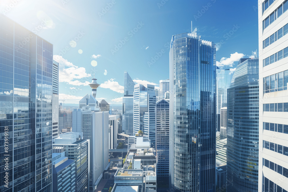 Obraz premium Drone View of City Office Buildings Beneath Blue Skies and White Clouds