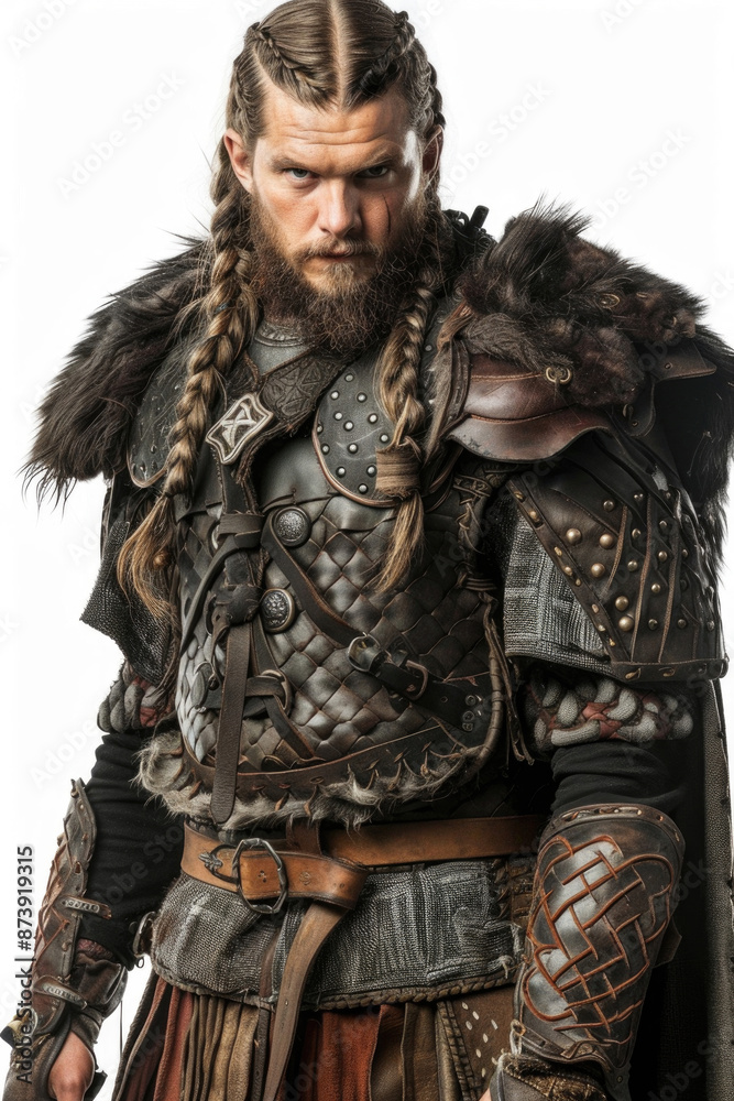 Heroic Viking man in detailed armor, isolated on a white background Heroic Viking man in detailed armor, isolated on a white background