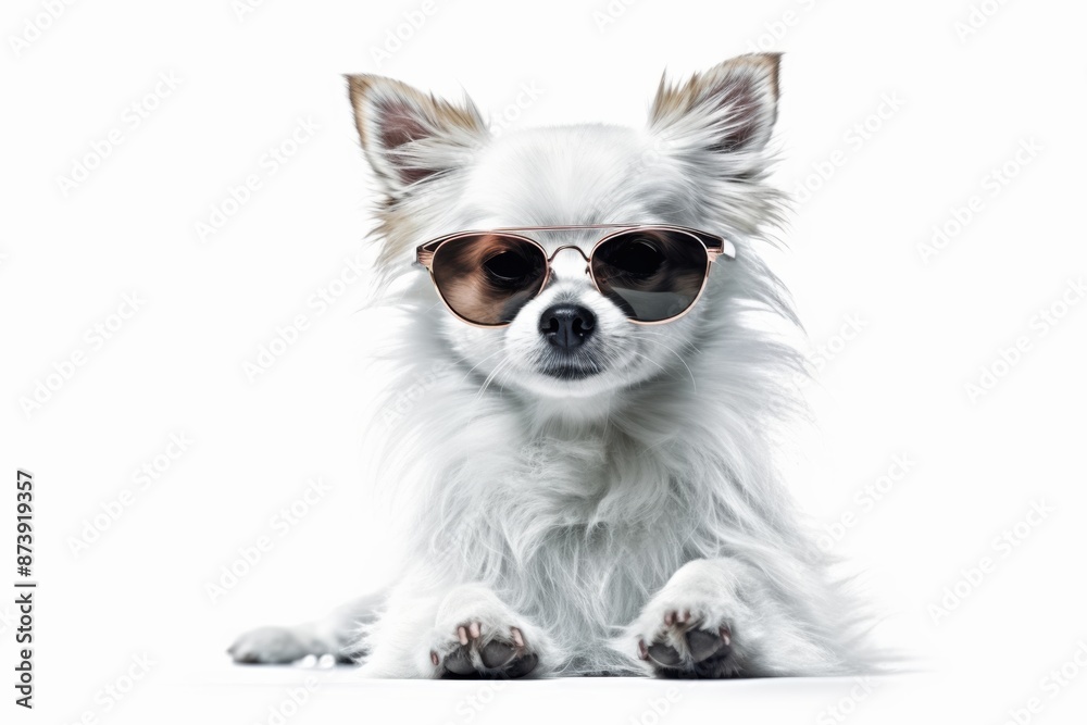Chihuahua dog wearing sunglasses, isolated on white, studio shot Chihuahua dog wearing sunglasses, isolated on white, studio shot