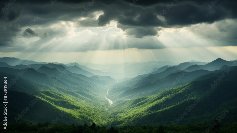 Obraz premium the morning sun shines through the clouds on the mountains of the valley and the forest in the fog.