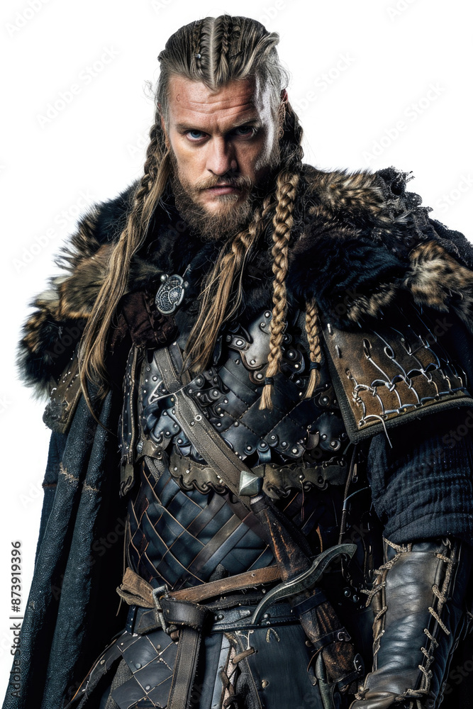 Obraz premium Heroic Viking man in detailed armor, isolated on a white background
