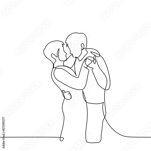 men dance clinging to each other very close - one line art vector. concept gay couple dancing