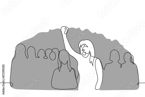 woman against the backdrop of the crowd stands screaming with her fist raised in the air, protest leader - one line art vector. concept protest, leadership, revolution