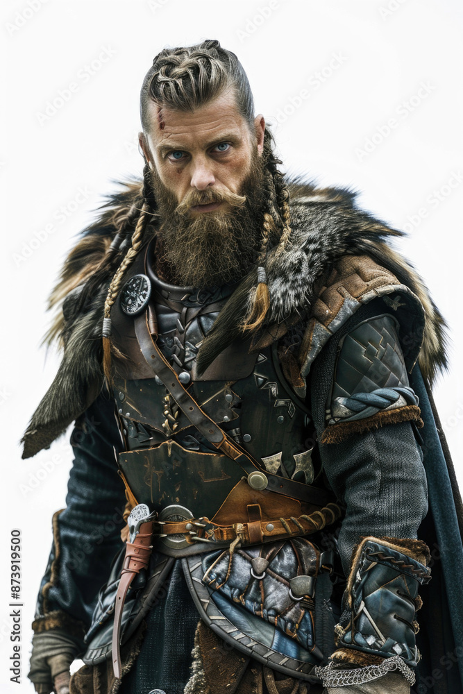 Obraz premium Heroic Viking man in detailed armor, isolated on a white background