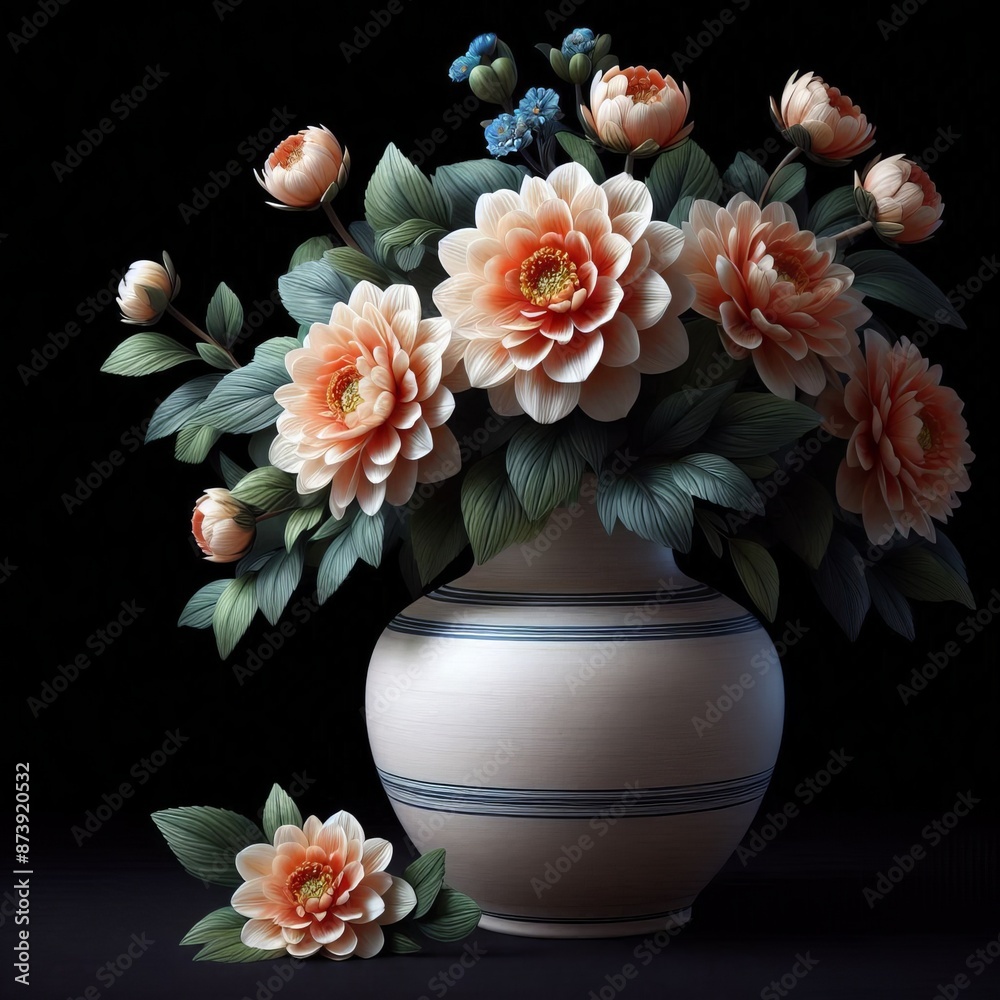 A vibrant bouquet of pink flowers fills a decorative vase isolated black background A vibrant bouquet of pink flowers fills a decorative vase isolated black background