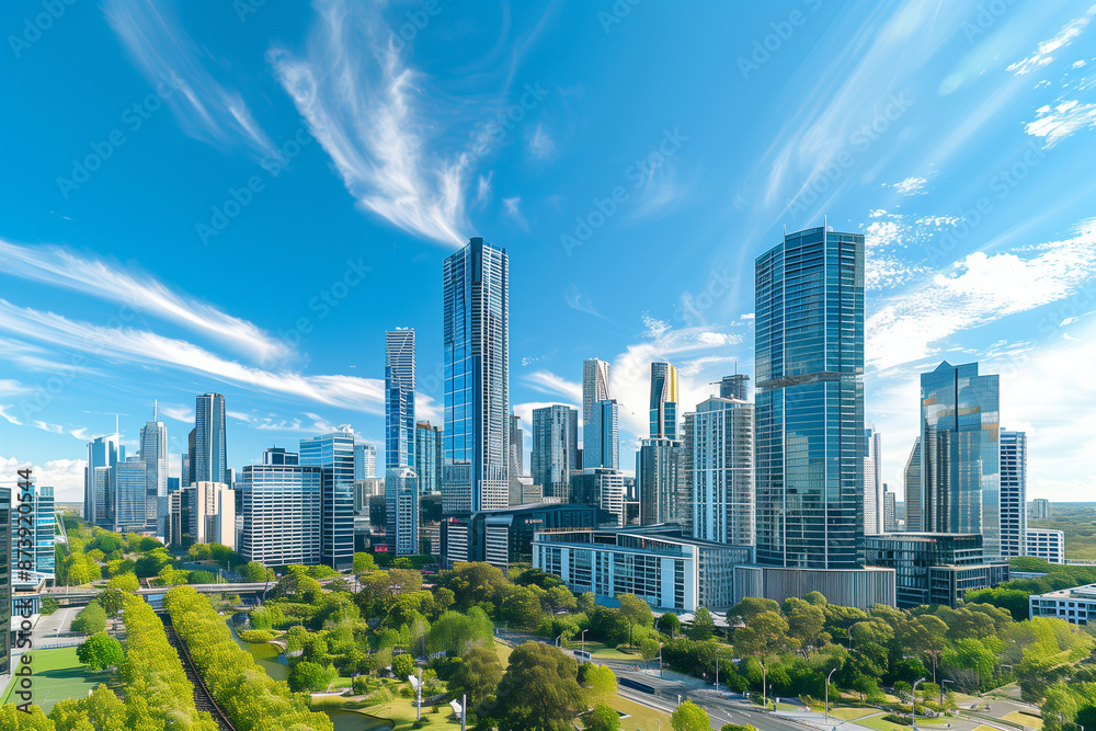 Obraz premium Drone View of City Office Buildings Beneath Blue Skies and White Clouds