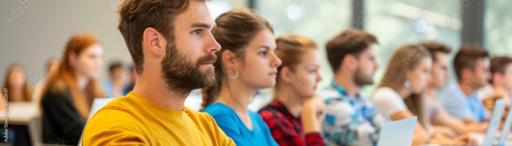 young students focused on class lecture at university or college. young students focused on class lecture at university or college.