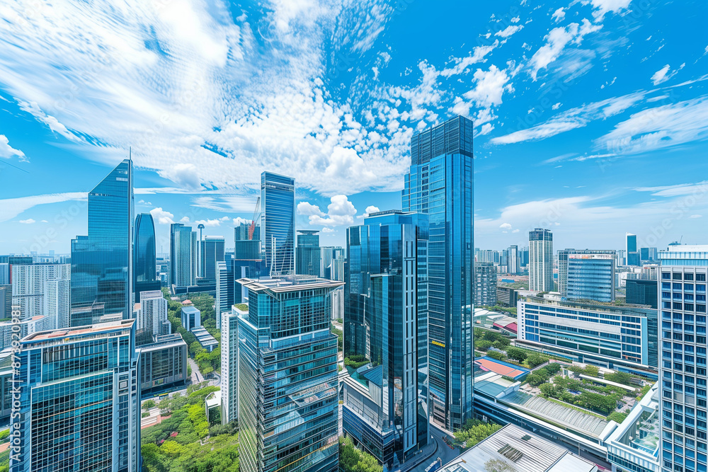 Obraz premium Drone View of City Office Buildings Beneath Blue Skies and White Clouds