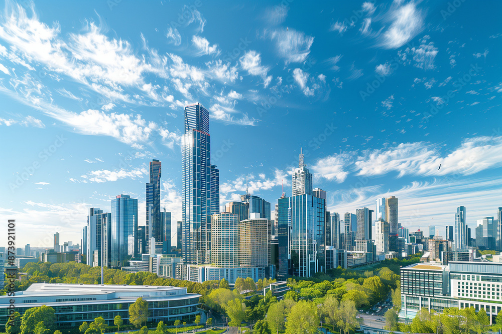Obraz premium Drone View of City Office Buildings Beneath Blue Skies and White Clouds