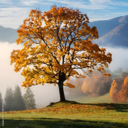 A solitary tree standing in a field with yellow leaves. Perfect for autumn-themed designs. autumn landscape with tree. Solitary Tree in Autumn Fog.