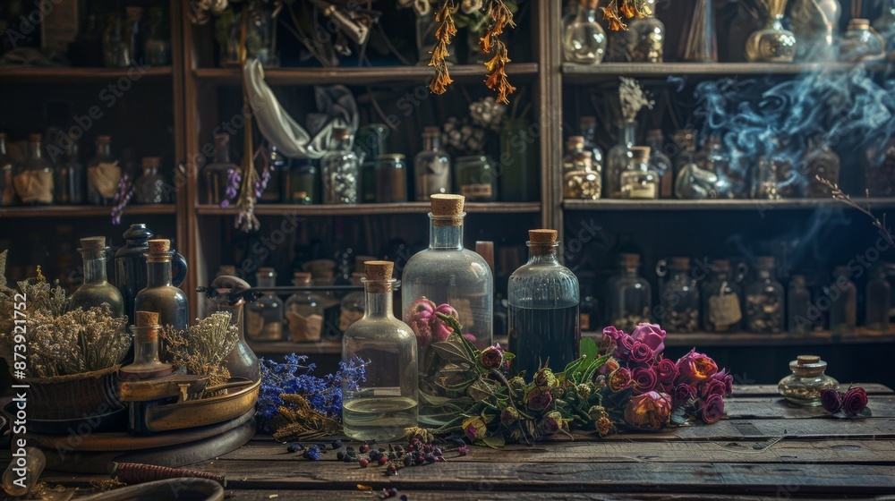 Fototapeta premium Vintage apothecary bottles with dried herbs and flowers