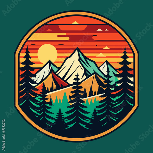 A mountain landscape with a mountain and trees, adventure vector graphic t-shirt design