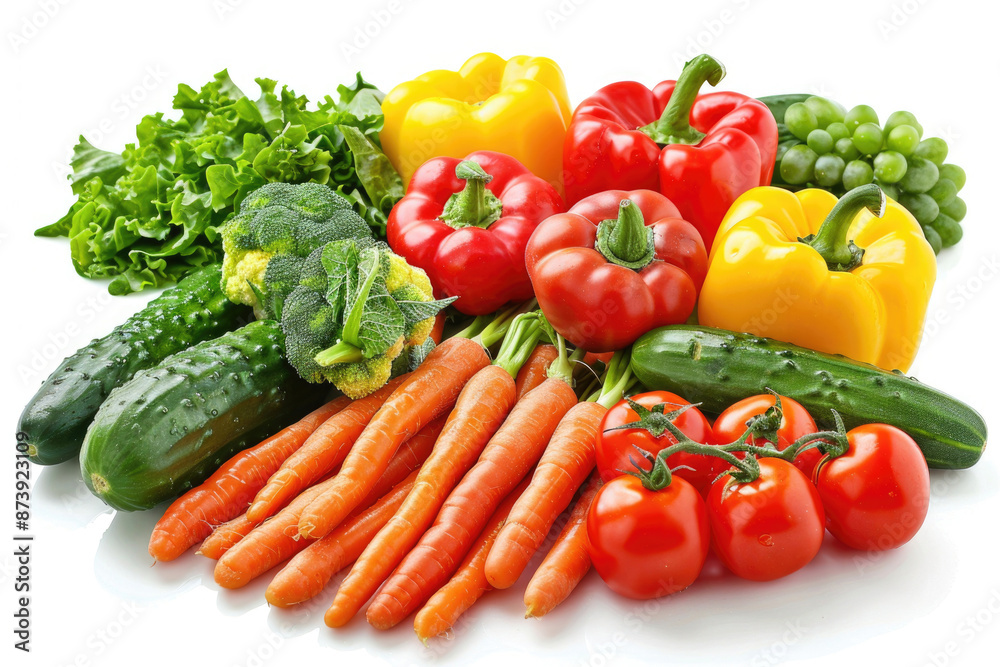 A colorful mix of fresh vegetables arranged on a white background A colorful mix of fresh vegetables arranged on a white background