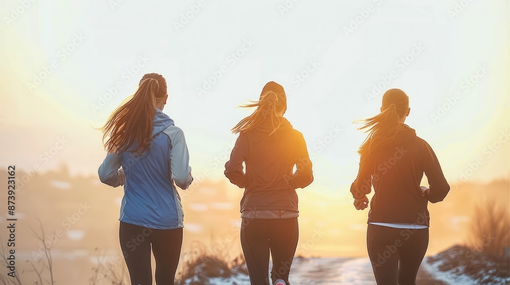 Fototapeta premium Woman, Teenage friends jogging together. Morning light. Generative AI.