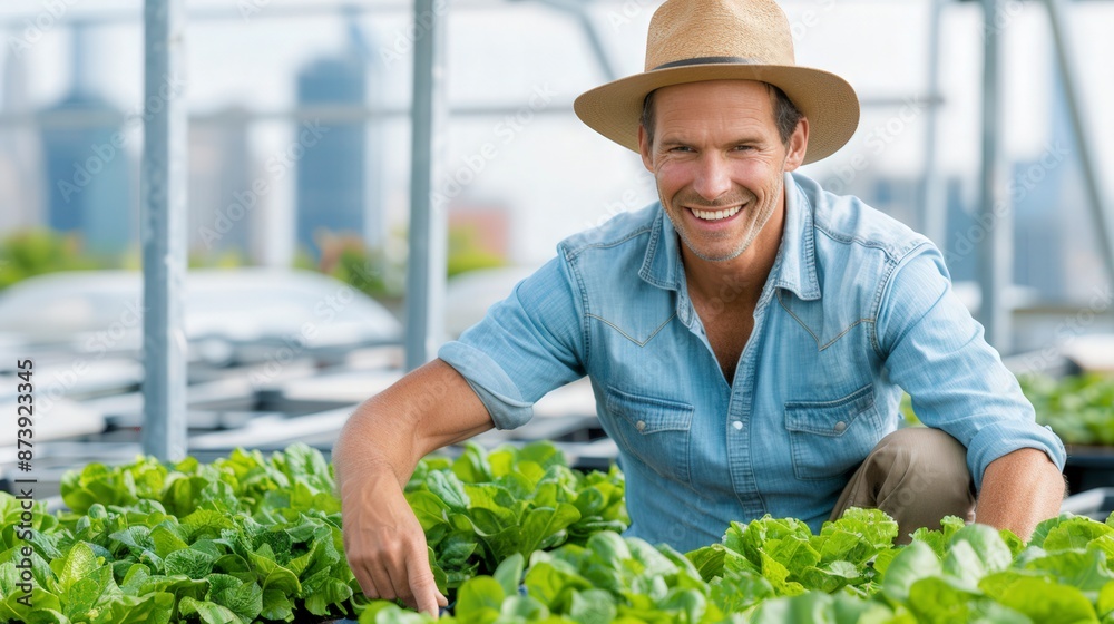 Obraz premium Smiling farmer in a straw hat tending to leafy greens on a sunny day in an urban rooftop garden.