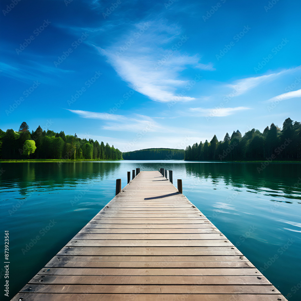 Fototapeta premium Wooden pier extending into calm lake under blue sky