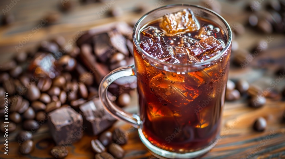 Refreshing iced coffee with coffee beans and chocolate Refreshing iced coffee with coffee beans and chocolate