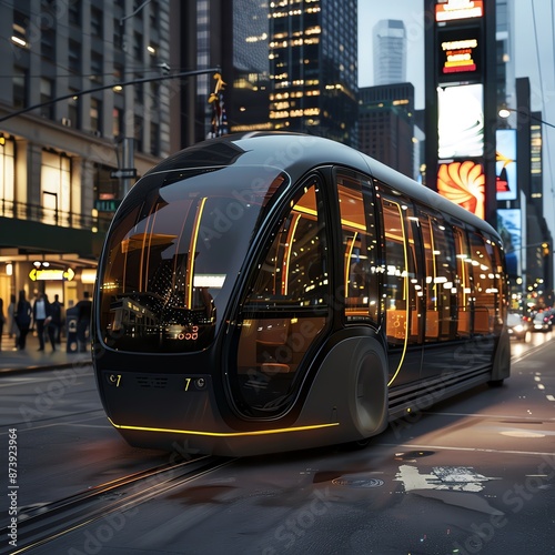 Modern electric tram on city street with blurred background. photo