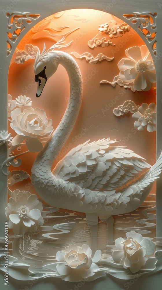 Naklejka premium Graceful paper cut of a swan on a lake.