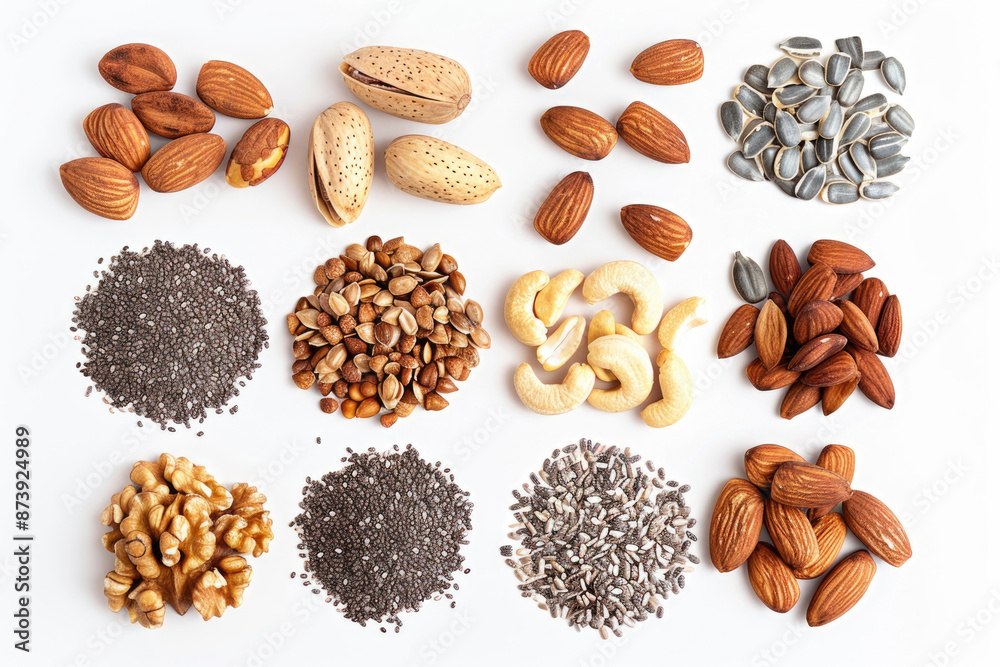 An assortment of nuts and seeds spread out on a white background An assortment of nuts and seeds spread out on a white background