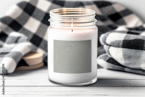 Candle Mockup With Gray Label and Plaid Fabric