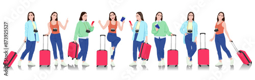 Young woman tourist with camera and smartphone. Female in casual clothes with a suitcase, passport, and tickets. Young female traveler goes on a journey. Vector illustration set isolated on white	
