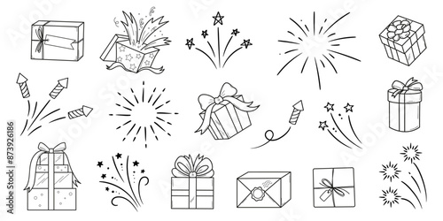 Party doodle icon set. Gifts and fireworks. Vector outline hand drawn elements on white background.
