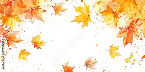 Watercolor autumn leaves frame with orange and yellow maple leaves on white background