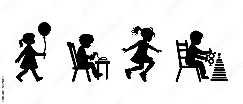 Vector silhouette of children. school boys and girls set. Little kids activity silhouette black filled vector Illustration icon.