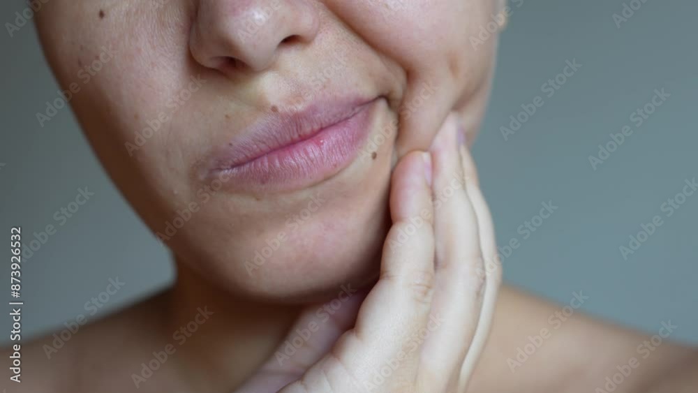 Cropped shot of a young caucasian woman with a toothache holding her lower jaw with her hand on a grey background. The girl suffering from a severe tooth pain Cropped shot of a young caucasian woman with a toothache holding her lower jaw with her hand on a grey background. The girl suffering from a severe tooth pain