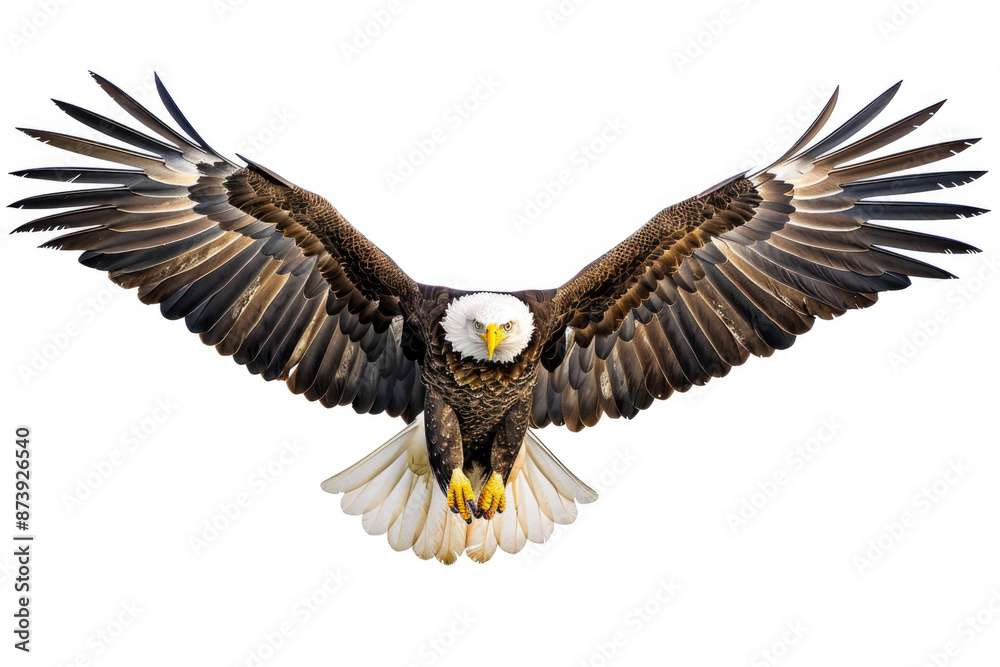 Obraz premium An eagle mid-soar, wings wide, isolated on a white background