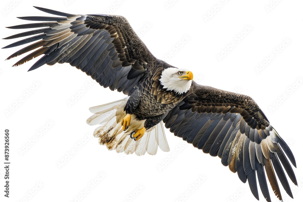 An eagle mid-soar, wings wide, isolated on a white background An eagle mid-soar, wings wide, isolated on a white background