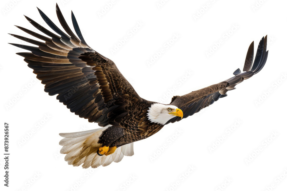 Obraz premium An eagle mid-soar, wings wide, isolated on a white background