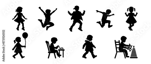 Vector silhouette of children. school boys and girls set. Little kids activity silhouette black filled vector Illustration icon.