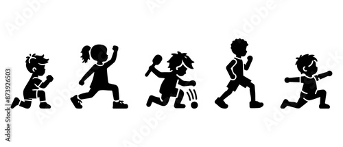 Vector silhouette of children. school boys and girls set. Little kids activity silhouette black filled vector Illustration icon.