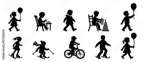 Vector silhouette of children. school boys and girls set. Little kids activity silhouette black filled vector Illustration icon.