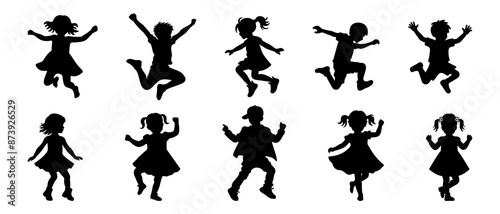Vector silhouette of children. school boys and girls set. Little kids activity silhouette black filled vector Illustration icon.